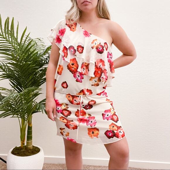 Haute Hippie Floral One Shoulder Dress Ruffle L - Picture 5 of 6